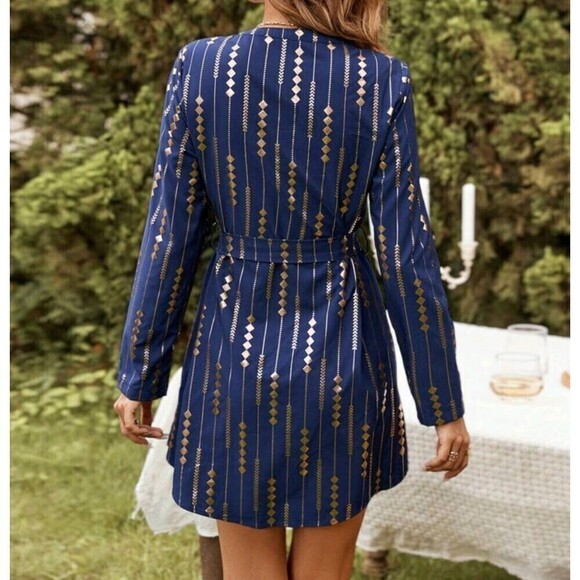 Clasi Gold Geo Print Notched Neckline Belted Dress Geometric, Striped - Picture 5 of 5